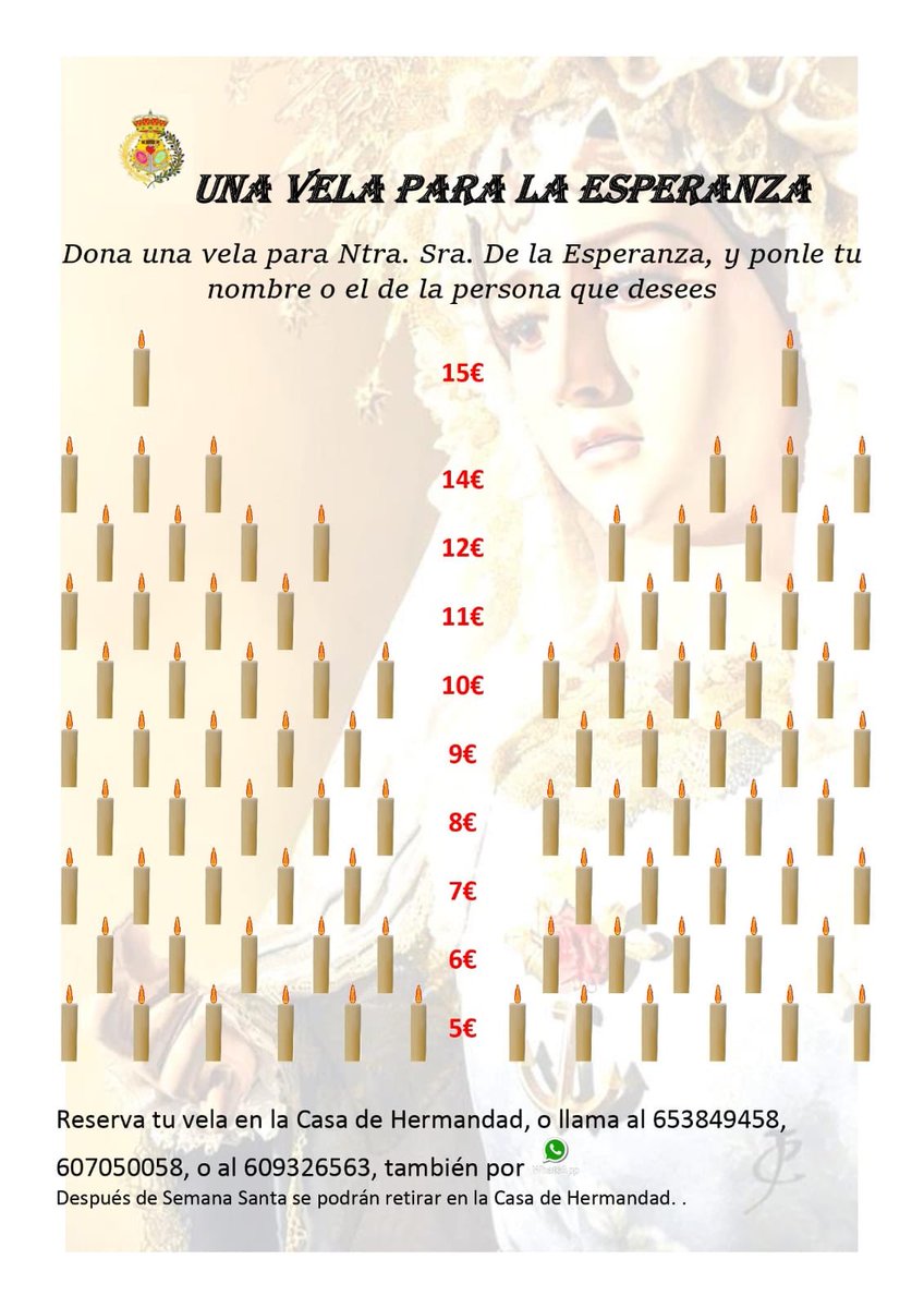 Cofrada_Esperan's tweet photo. 🕯UNA VELA PARA LA ESPERANZA🕯 

Un año más ponemos en marcha la venta de las velas de la candelería que dará luz el próximo Jueves Santo a “Ntra. Sra. de la Esperanza”. 

En el cartel viene toda la información que se necesita para reservarlas. 

#compralatuya 👇 https://t.co/KzA9EFXuZC