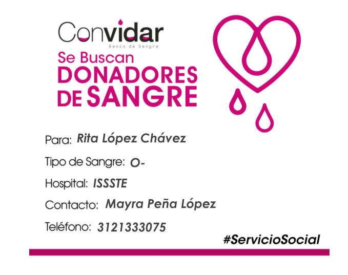 ConvidarBanco's tweet photo. ¡Solicitamos apoyo URGENTE!

Requerimos 8 donadores altruistas de sangre O-, para Rita López Chávez, en el ISSSTE.

Servicio de Geriatría, cama 438.

¡Compártelo y ayúdanos a ayuDAR! #GDL #ServicioSocial https://t.co/uDvg2iQDfb