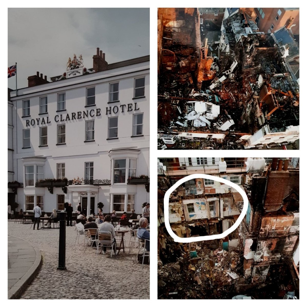 I just found this utterly amazing! After the beautiful Royal Clarence Hotel burnt down in 2017 I was impressed to see that curtains are still up in some of the rooms. Some very good fire proofing for sure!