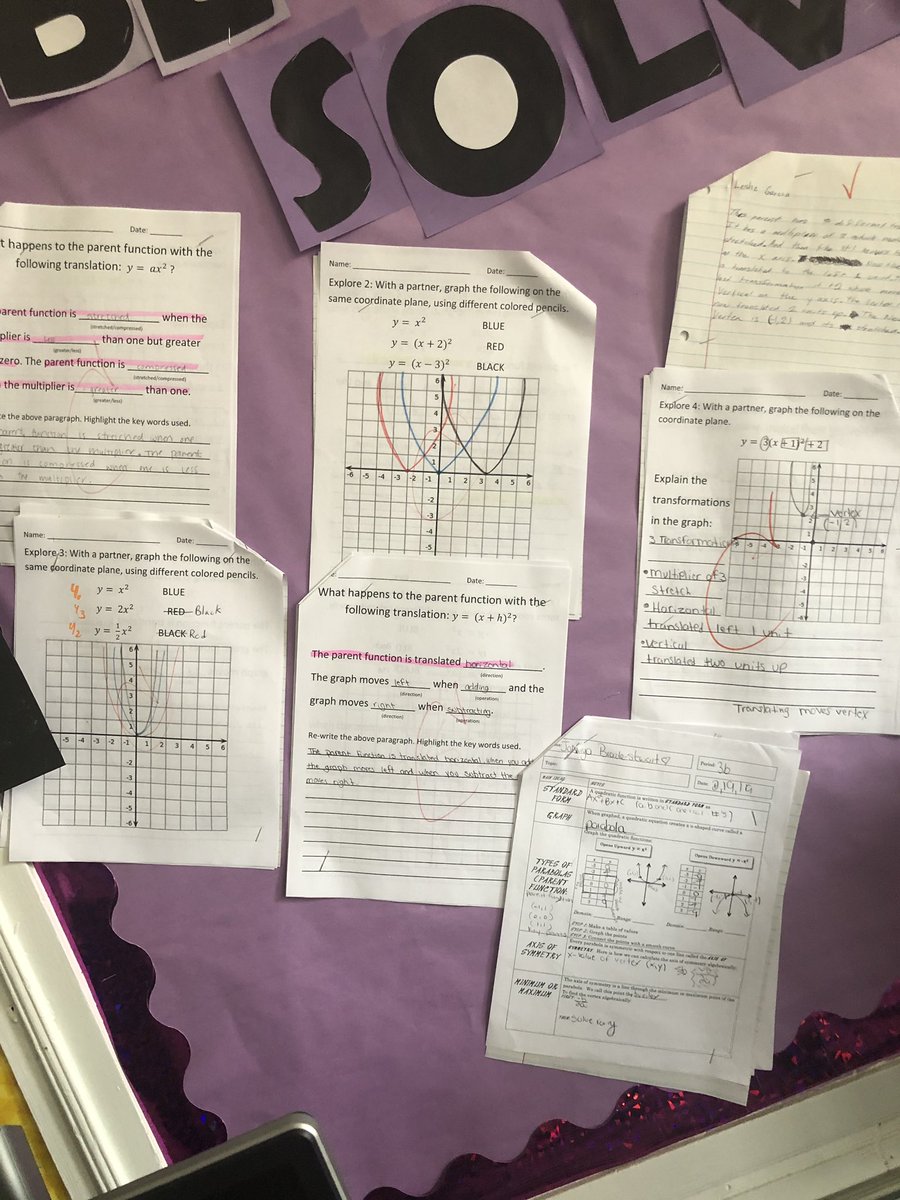 Ss worked all week on quadratic transformations. Ss explore the changes in the equations and are prompted to describe them with sentence frames. End result is to describe 3 transformations through the use of #algebraicterminology #writinginmath #crosscurricular #studentengagement