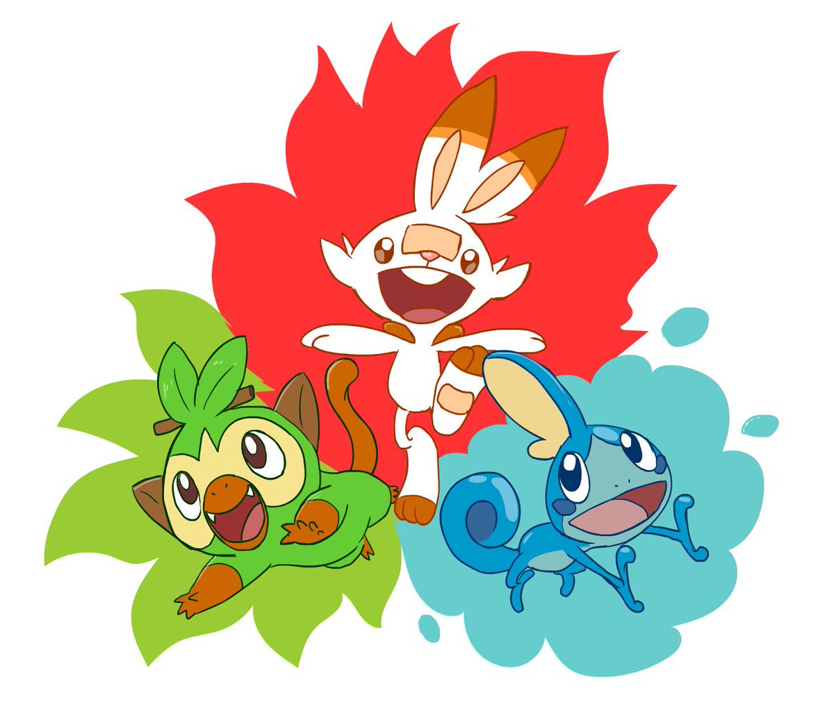 Alylelelelely's tweet photo. Galar starters! #pokemonday #pokemonswordshield #pokemonsh #grookey #scorbunny #sobble https://t.co/QKJptsQE9G