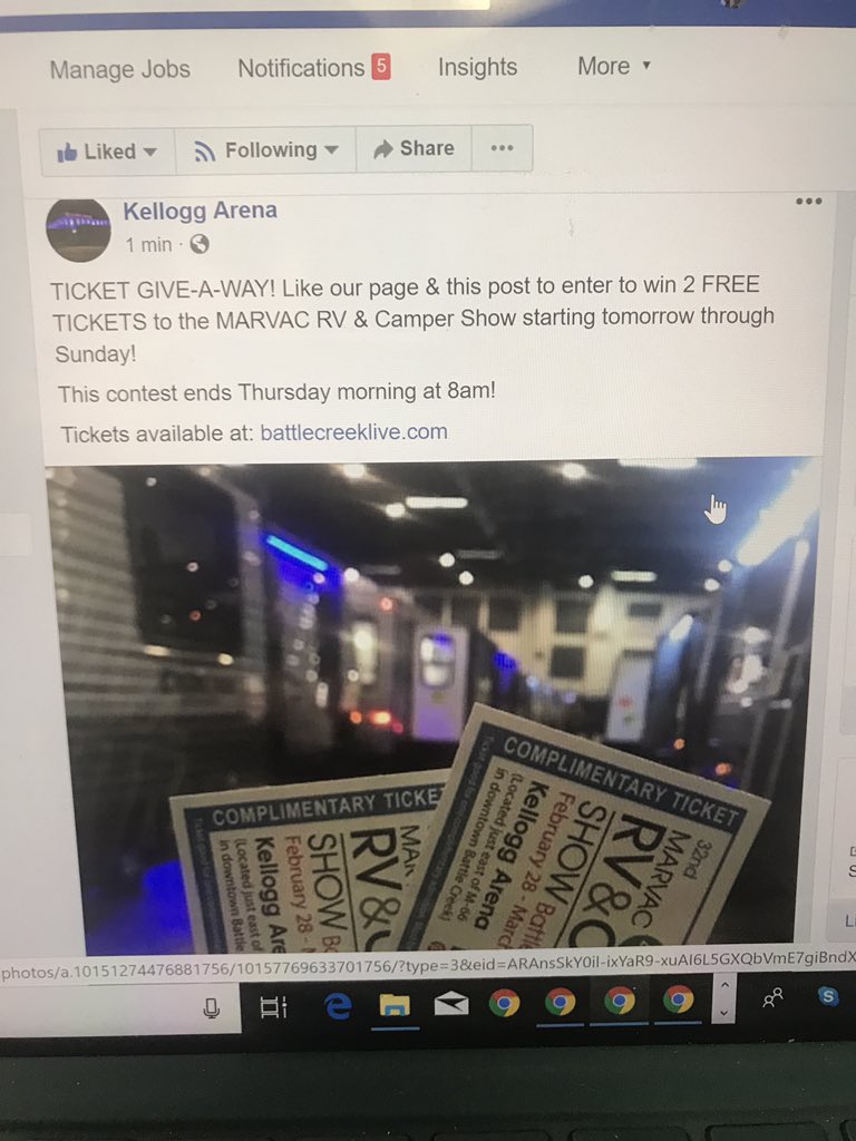 TICKET GIVE-A-WAY! Check out our Facebook page to see how you could win 2 FREE TICKETS to the MARVAC RV &amp; Camper Show starting tomorrow through Sunday!! 

m.facebook.com/kellogg.arena/
