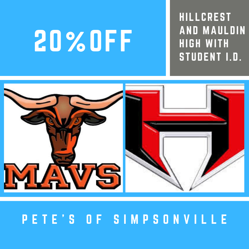 Petes29681's tweet photo. Now offering 20% off for students from Mauldin High and Hillcrest High! Bring in your ID to recieve this offer!
#petesofsimpsonville #simpsonvillesc #mauldinsc #greenvillesc #yeahthatgreenville #upstatesc #highschool #specialoffer #comeintoday https://t.co/OprXhdSs3c
