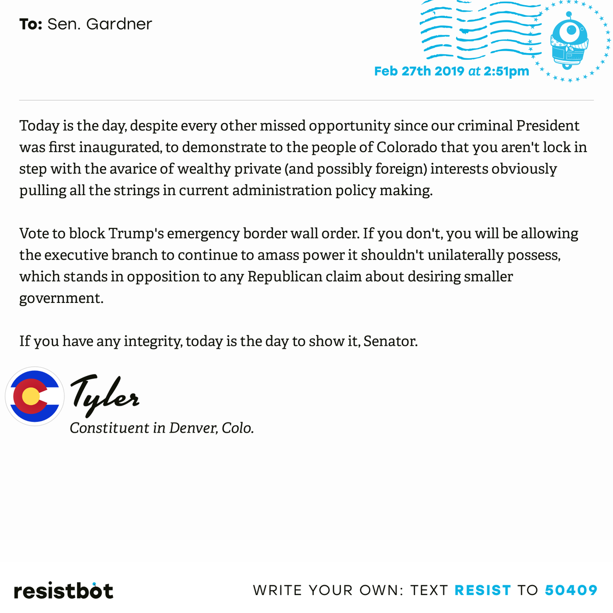 openletterbot's tweet photo. I just delivered this letter from Tyler in Denver, Colo. to @SenCoryGardner #copols #copolitics #resistbot https://t.co/2vbQBTL4JV