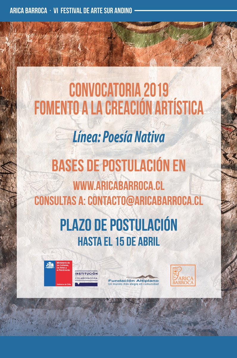 aricabarroca's tweet photo. #AricaBarroca2019 abre llamados a concursos de #Ponencias, #PoesíaNativa y #FeriaNeoBarroca. En https://t.co/oz4i0rSbd8 encontrarás las bases para postular!

#Arica #AricayParinacota #Chile #Patrimonio #Conservación #Historia #Comunidad #Arte #Música #CocinaPatrimonial #Celebrar https://t.co/EnzP9uUp5Z