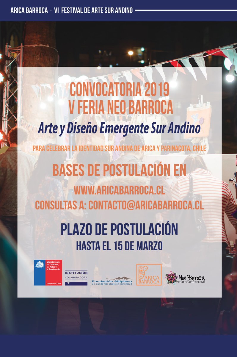 aricabarroca's tweet photo. #AricaBarroca2019 abre llamados a concursos de #Ponencias, #PoesíaNativa y #FeriaNeoBarroca. En https://t.co/oz4i0rSbd8 encontrarás las bases para postular!

#Arica #AricayParinacota #Chile #Patrimonio #Conservación #Historia #Comunidad #Arte #Música #CocinaPatrimonial #Celebrar https://t.co/EnzP9uUp5Z