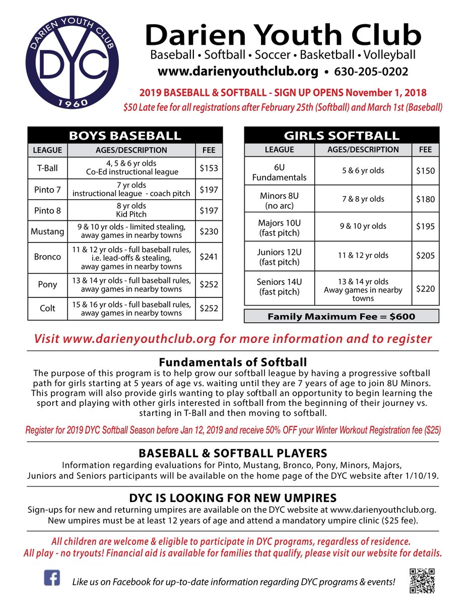 Registration for the 2019 Baseball season is coming to a close. A $50 late fee starts March 2nd for Pinto (7-8 year olds) and Mustang (9-10 year olds). Be sure to register now to guarantee your child a spot on a team.
Sign up at bit.ly/DYCRegistration #DYCbaseball #DYCsoftball