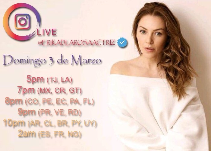 Domingo 3 de Marzo, para celebrar el #Erilovers Day 🎉 tenemos #InstagramLive con <a href="/ERIKAMAZAPAN/">ERIKA DE LA ROSA</a> 😍💕 • • •
Si tu país no figura en los horarios, puedes consultarnos 😉
• • •
¿Qué le preguntarías a #ErikaDeLaRosa? Cuentanos en los comentarios 💬 o con el HT #EriloversDay 🎊