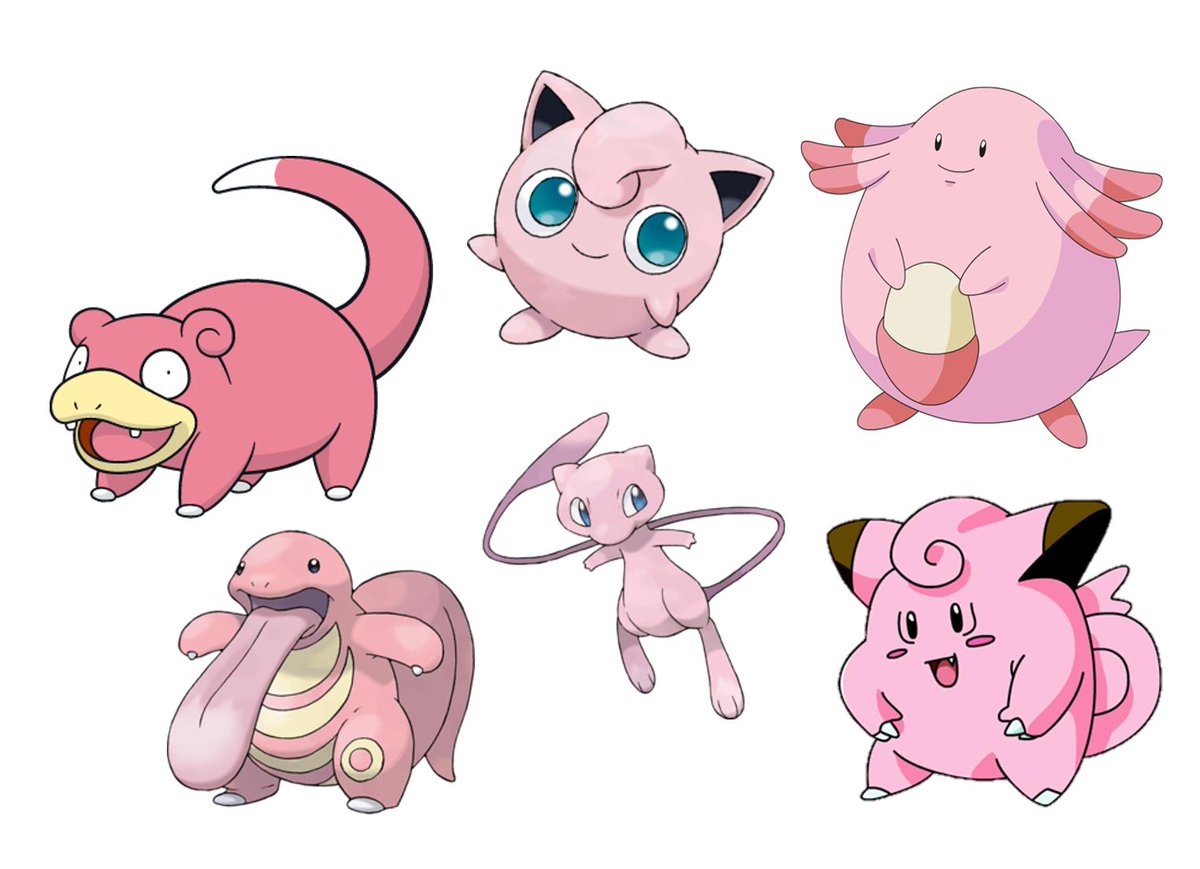 Photo of six pink Pokémon characters on a white background. 