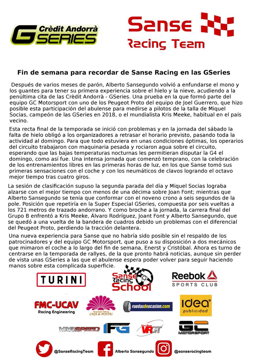 SanseRacingTeam's tweet photo. Fin de semana para recordar durante mucho tiempo!! Increíble lo bien que lo pase con el equipo @GCMotorsport1 en las @GseriesACA @Circuit_Andorra Aquí tenéis la nota de prensa, una oportunidad más de seguir sumando experiencia e intentar cada vez ser un poco mejor piloto https://t.co/KhGe9zoGze
