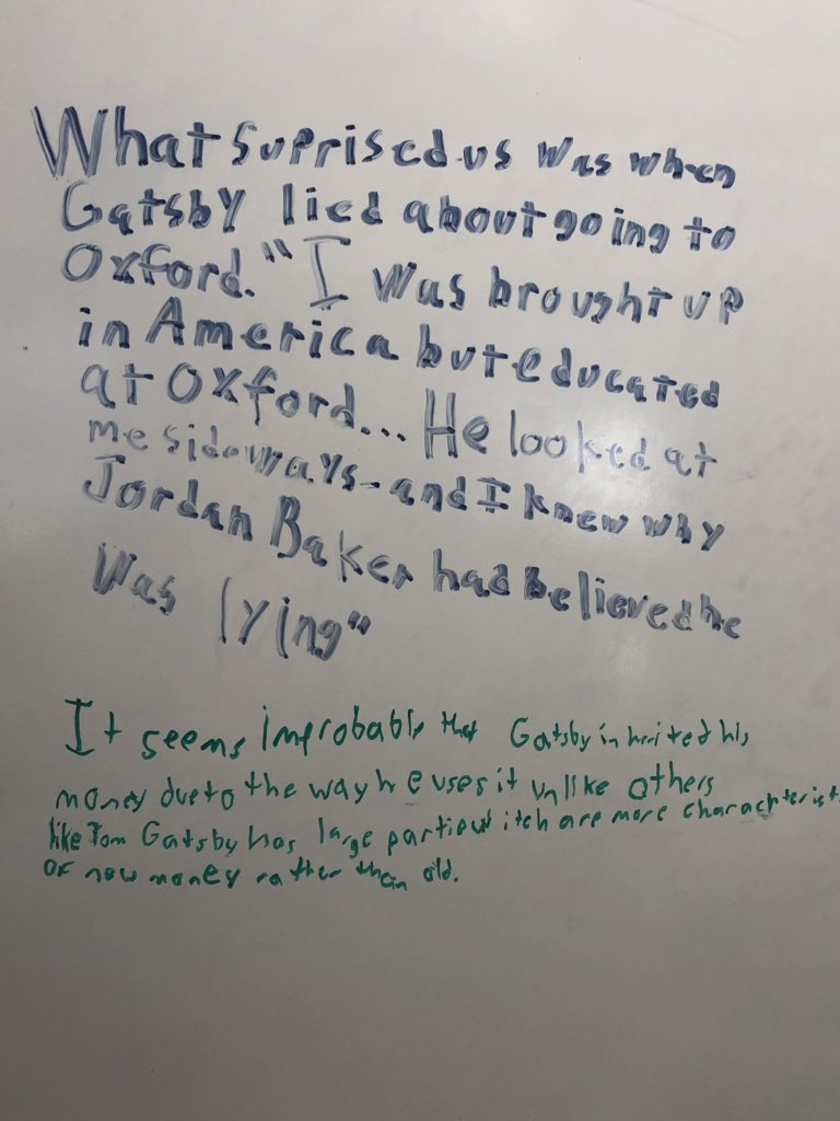 BvilleBookworms's tweet photo. Surprises and favorite quotes from Gatsby! AP English III #readky #bvillebookworms #BISPROUD https://t.co/M0FSg2fybo