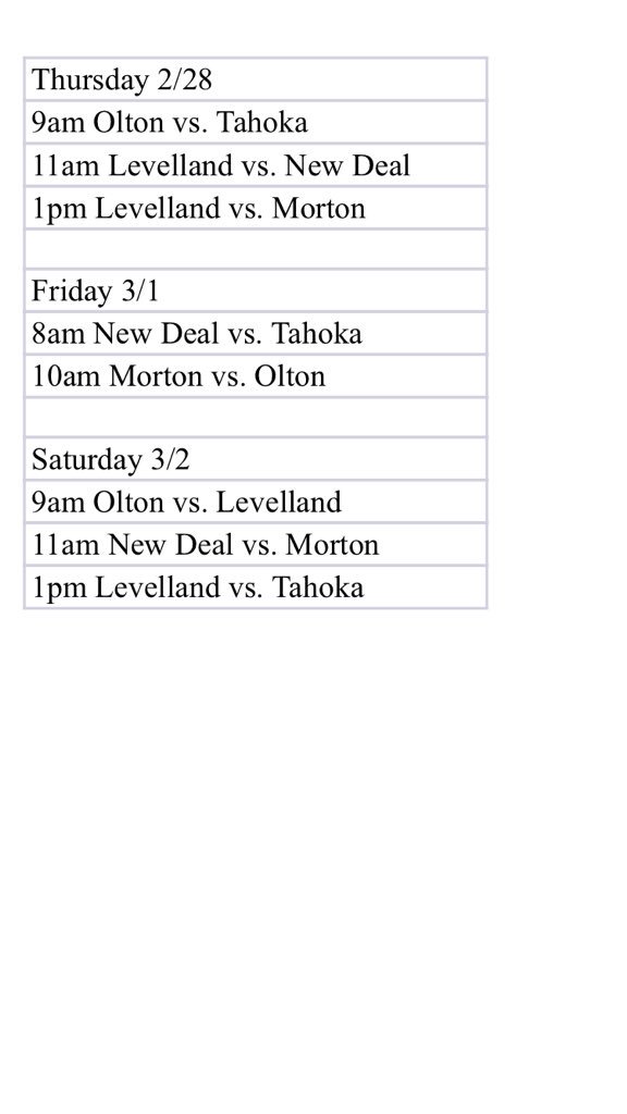 Here is the schedule for the Tahoka Varsity Baseball Tournament 
Feb. 28- Mar. 2