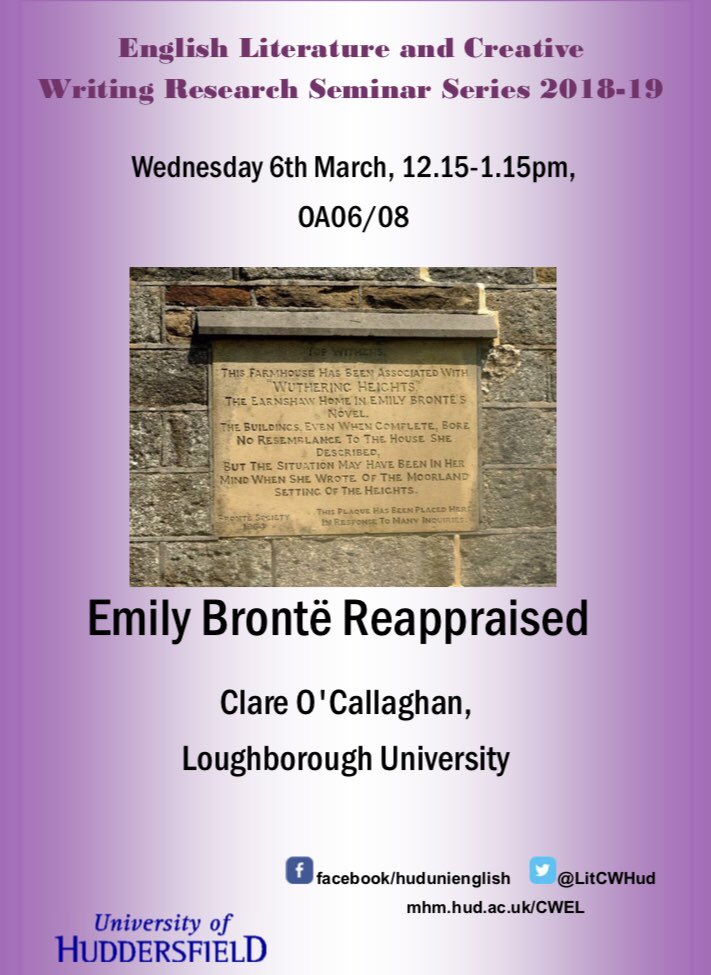 Our next seminar on Wednesday 6 March is entitled “Emily Bronte Reappraised”. We are looking forward to this interesting seminar and excited to welcome Clare O’Callaghan! As usual all are welcome, so join us! 🥳 @MHMpostgrad <a href="/mhmhudds/">Music, Humanities and Media at Huddersfield</a> @WeLoveResearch @pgcwwn