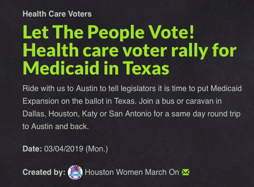 covertexasnow's tweet photo. Need a ride to Austin for Monday's Medicaid expansion rally at the Texas Capitol?

If you're in Dallas, Houston, Katy, or San Antonio, sign up here: https://t.co/gYGinlMXU7 #txHealthCareVoter #TXlege https://t.co/PfQ6iwyWb6