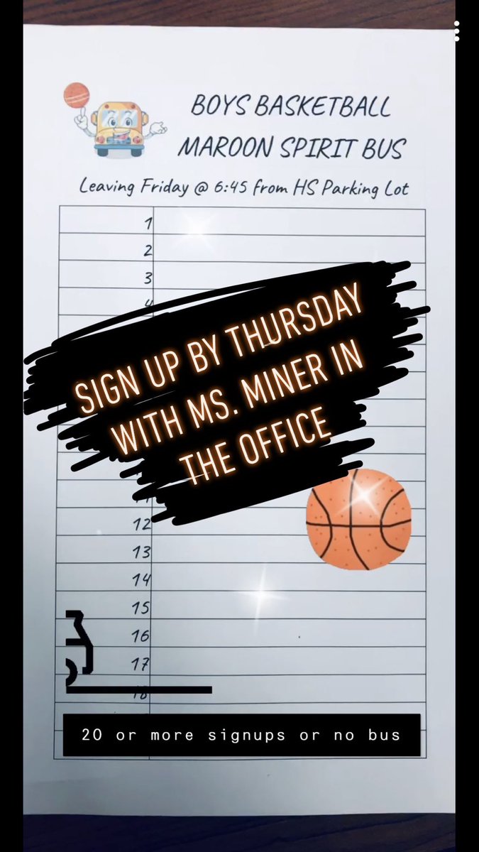PerryLeadership's tweet photo. We are having a spirit bus for the basketball game on Friday. It is in Stillwater at 8pm. We need 20 or more people to sign up or there will be no bus. https://t.co/LQR33aYVNU