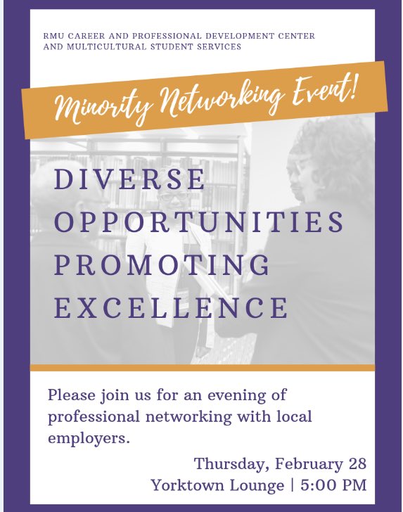 RMUlticultural's tweet photo. Thursday - February 28 - 5 PM :Meet and network with recruiters from The Josh Gibson Foundation, Allegheny Health Network, PNC, FedEx Services, Allegheny County Department of Human Services, Citizens Bank, and Arlanxeo USA to talk about internships and full-time job opportunities https://t.co/d0cHE61mbc