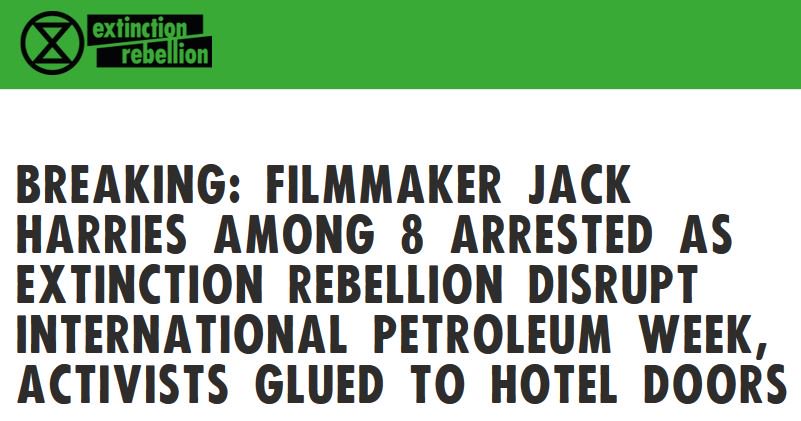 ExtinctionR's tweet photo. .@JackHarries among eight arrested at non-violent #ExtinctionRebellion direct action to disrupt the oil &amp; gas executives entry to the @EnergyInstitute #IPWeek conference to highlight the industry’s deeply immoral &amp; criminal behaviour.

PRESS RELEASE 📰🗞️: https://t.co/iygh8Zbmjv https://t.co/OApRhzVTra
