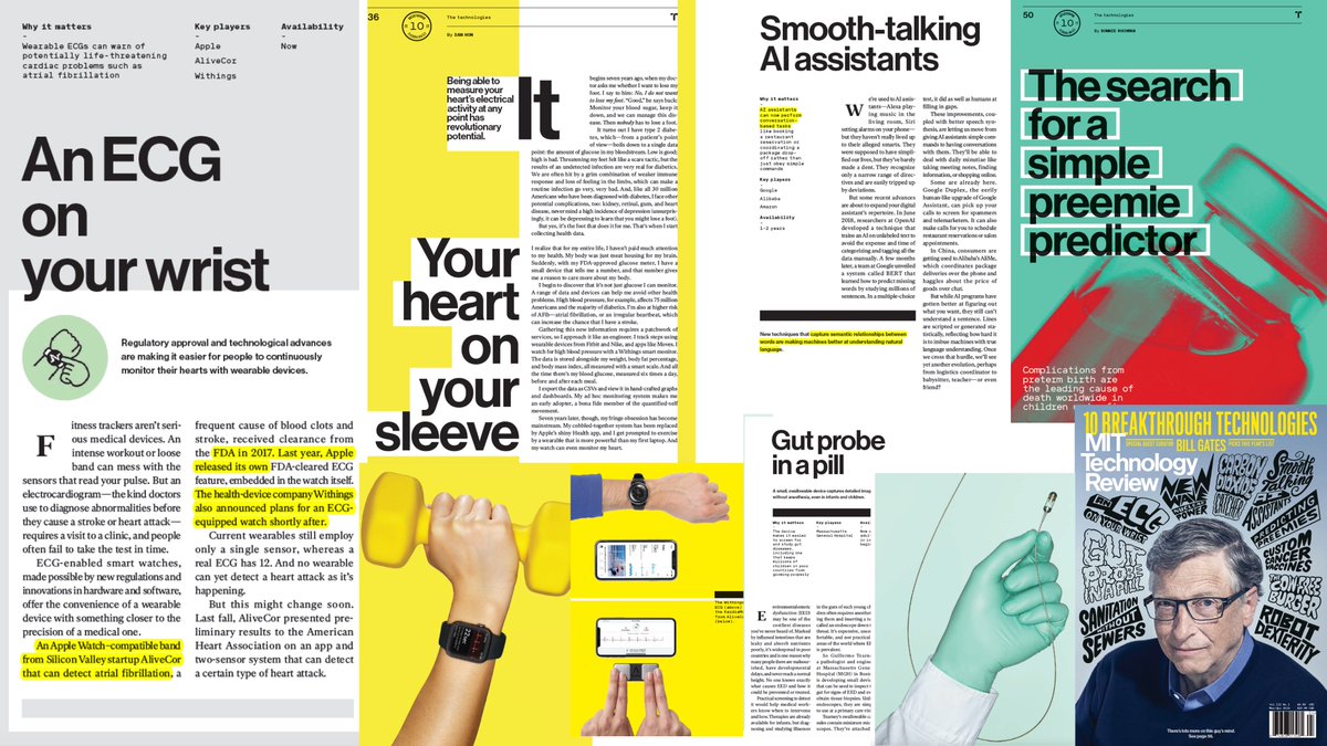 EricTopol's tweet photo. Every year I look forward to @techreview's top 10 breakthrough ratings. For 2019 they turned it over to @BillGates. On the list includes Smartwatch ECG, #AI speakers, Predicting preemies, and Imaging the GI tract with a pill 
https://t.co/zR8yeQESOJ https://t.co/fNNEsc3cSb