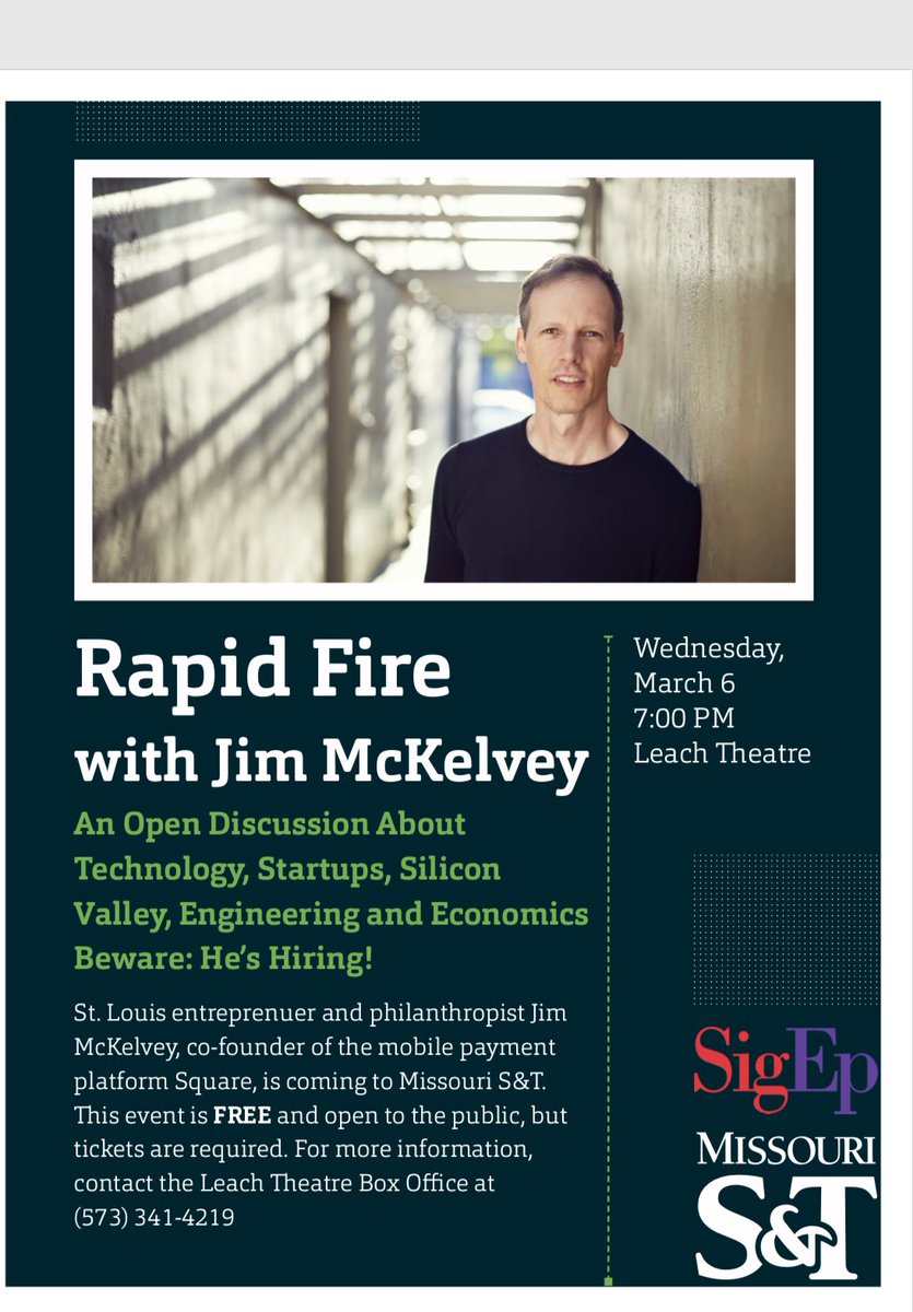 SigEpMOGamma's tweet photo. Our chapter is honored to have the opportunity to host St. Louis entrepreneur and Square co-founder Jim McKelvey to Missouri S&amp;T next week for a “Rapid Fire” discussion on technology, startups, glassblowing and other topics. Check out the link in the thread for more information. https://t.co/kd7zAtOoJO