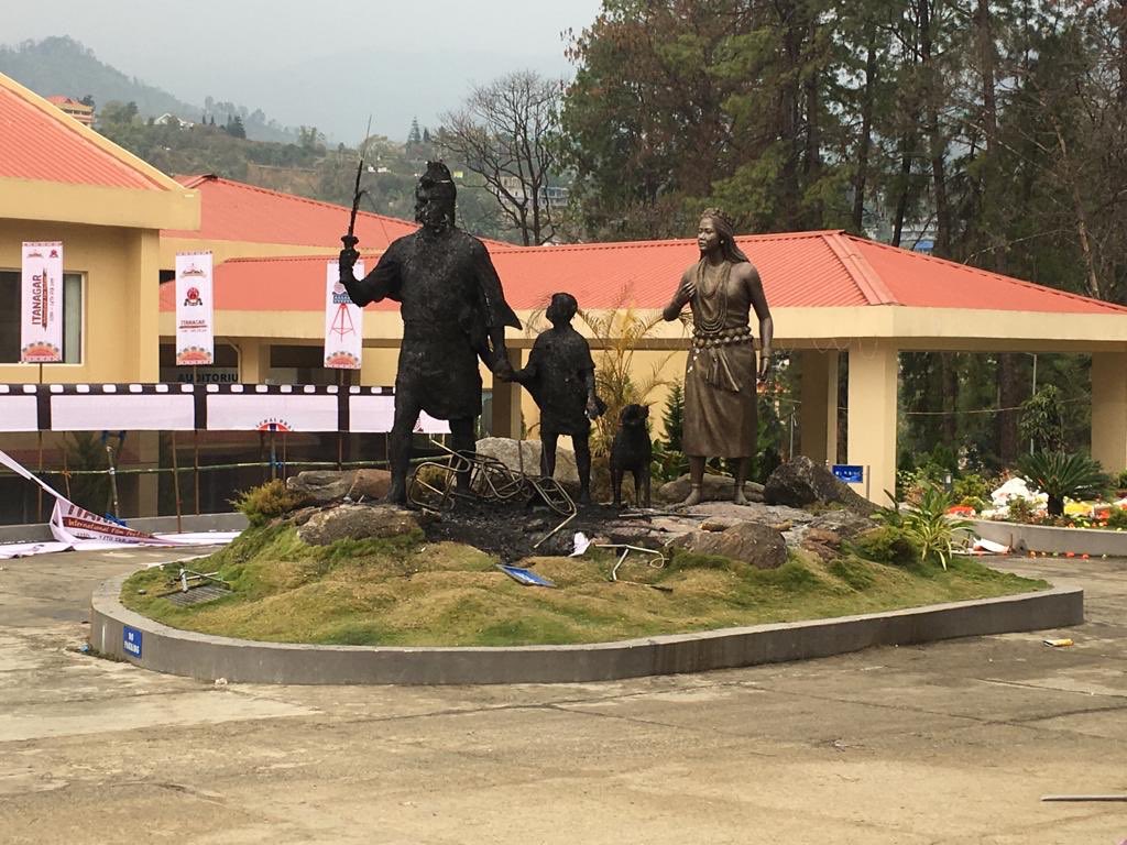 sangnoamar's tweet photo. Charred #AboTani statue at Dorjee Khandu State Convention Centre, IG Park. Arson and damages to DK Convention caused during 4 days violence in #PRC_Issue protest will now cost crores of rupees in rebuilding. Whose money we will incur? @TeliRinguCamdir @KabaMili @FemPao https://t.co/ysTE1XMg2m