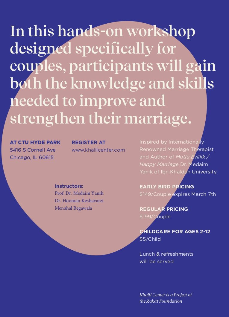 Khalil Center (@khalilcenter) on Twitter photo Register for a KC hands-on workshop for married couples. The Science & Spirituality of Marriage: Nurturing Love & Compassion. Instructors: <a href="/medaimyanik/">Medaim Yanık</a> from <a href="/ibnHalduni_En/">Ibn Haldun University</a>, KC's own Dr. Hooman & Menahal Begawala. Spouses must register together. Lunch & Babysitting provided. Register for a KC hands-on workshop for married couples. The Science & Spirituality of Marriage: Nurturing Love & Compassion. Instructors: <a href="/medaimyanik/">Medaim Yanık</a> from <a href="/ibnHalduni_En/">Ibn Haldun University</a>, KC's own Dr. Hooman & Menahal Begawala. Spouses must register together. Lunch & Babysitting provided.