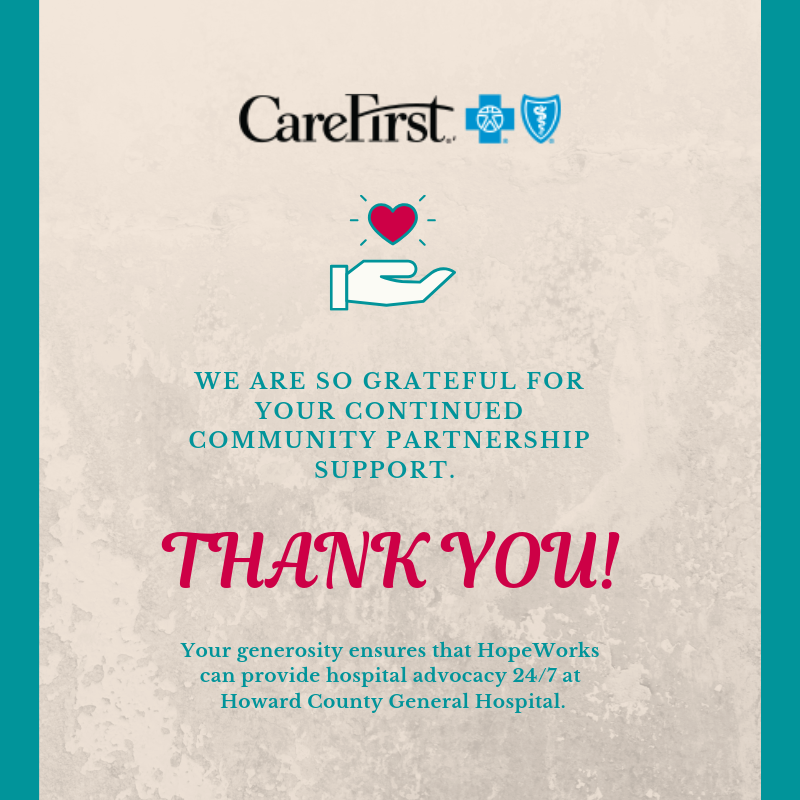 HopeWorksofHC's tweet image. Thank you @CareFirst! HopeWorks is able to serve over a hundred survivors at Howard County General @HopkinsHowardC every year thanks to your support. #believesurvivors #wearehopeworks