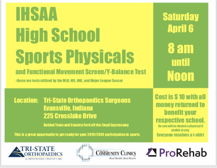 whape's tweet photo. IHSAA Sports Physicals- Saturday April 6th - 8am till Noon - Cost is $10 with all money returned to  benefit you respective school! https://t.co/H7USoiULi5
