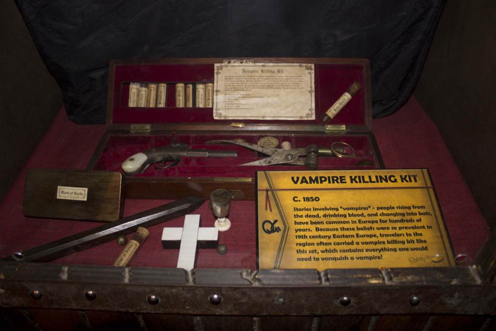 Did you know #RipleysNY has a full Vampire Killing Kit on display? The kit comes complete with an ivory cross, gun, silver bullets, a wooden stake, holy water, and of course, garlic. ⁠