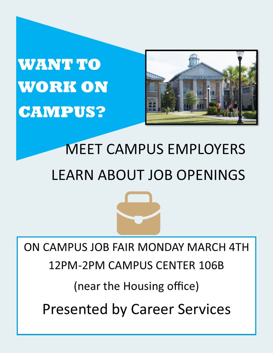 USCBCareerServ's tweet photo. Want to work on the USCB Bluffton campus?  Do not miss the On Campus Job Fair coming up on Monday March 4 from 12pm-2pm in Campus Center 106B.  Questions?  Contact Career Services at careerservices@uscb.edu https://t.co/mOzHZrYdi5