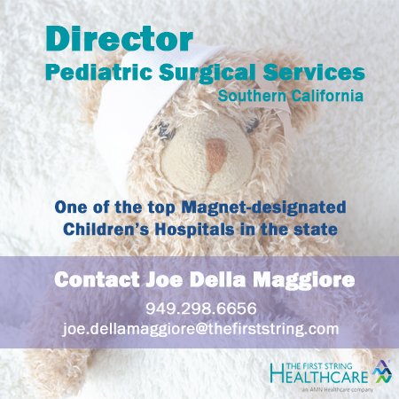 TheFirst_String's tweet image. Looking for a Dir Pediatric Surgical Services for a facility in Southern California. Apply today tinyurl.com/yyucub94  #pediatrics #nursejobs #thefirststring #nurserecruitment #nurselife #californianursejobs #pediatricnurse #nurseleader