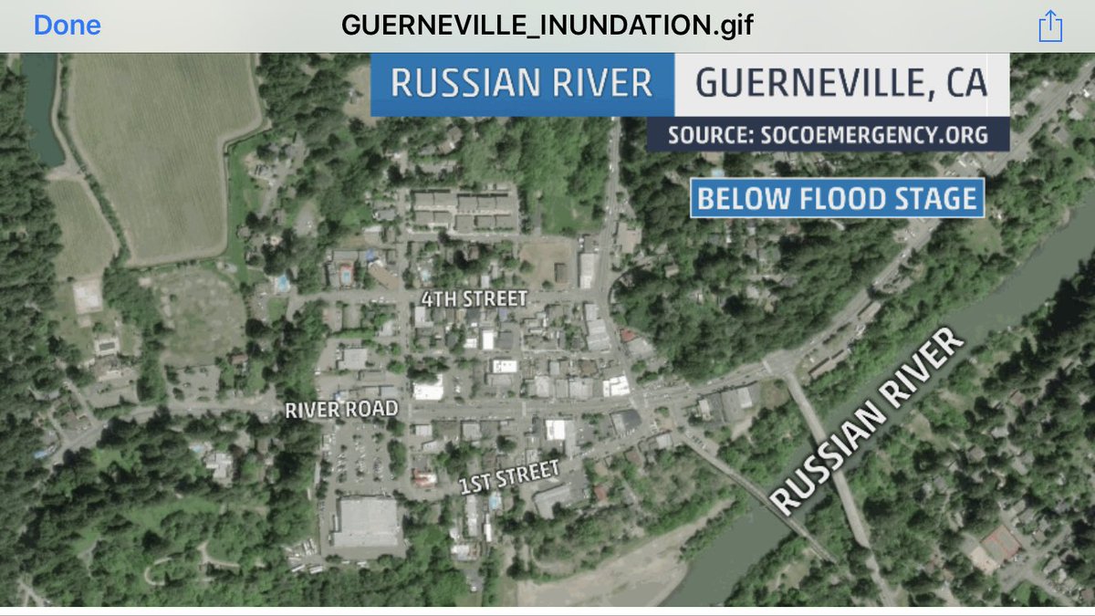 JimCantore's tweet photo. The forecast for the Russian River at Guerneville remains at 46’ by tomorrow night.  That’s a disastrous amount of water for the town. 
Thanks @gdimeweather for building this inundation product to visualize the pending flood reach. https://t.co/szm7zGi4uo