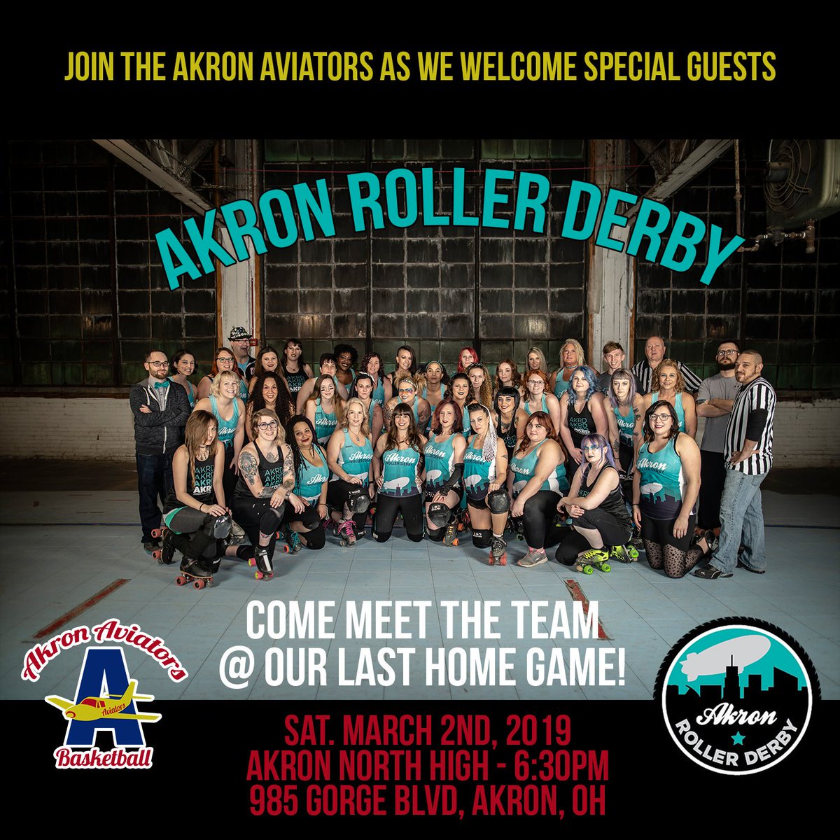 AkronAviators's tweet photo. SATURDAY join us as we welcome the bad@ss women of Akron Roller Derby! 💪🏽 Come meet the team, learn about their 2019 season, and #SupportAkron as we finish the regular season Strong leading into the playoffs! 🏀🏆 Tickets available NOW at https://t.co/so9xBgWDOA 🎫 https://t.co/eREprBiQNy