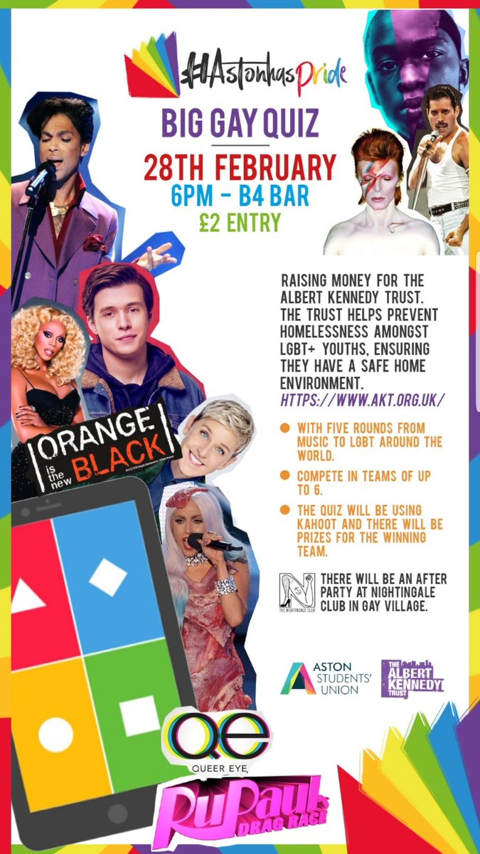 To end LGBT+ History Month <a href="/aston_union/">Aston SU</a> and ourselves are having a BIG Gay Quiz! 🎉

Doors open at 6pm tomorrow night, quiz starts around 7pm. £2 entry with all money raised going to <a href="/aktcharity/">akt</a>. 

We will then be heading to <a href="/Nightingaleclub/">Nightingale Club</a> for POUNDED! 🌈

#AstonHasPride