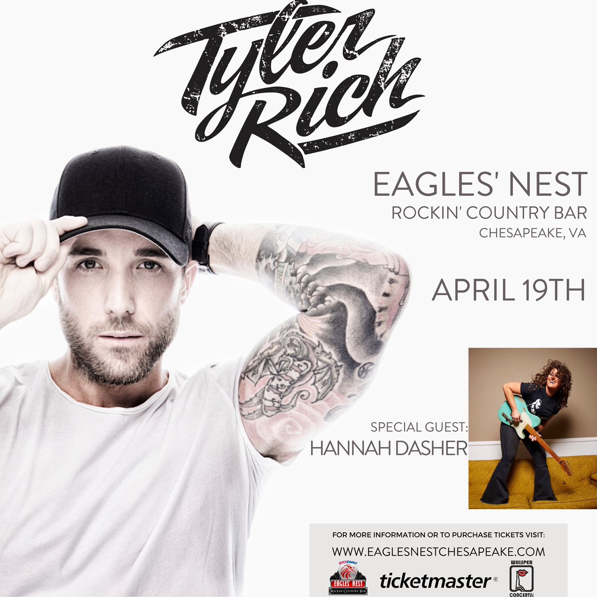We are thrilled to announce Special Guest <a href="/HannahDasher/">HannahDasher</a> will be taking the stage at the <a href="/973eaglesnest/">Eagles Nest</a> on Friday, April 19th before <a href="/TylerRichMusic/">Tyler Rich</a>!

Tickets are on sale NOW on TicketMaster &amp; EaglesNestChesapeake.com! 🎙
