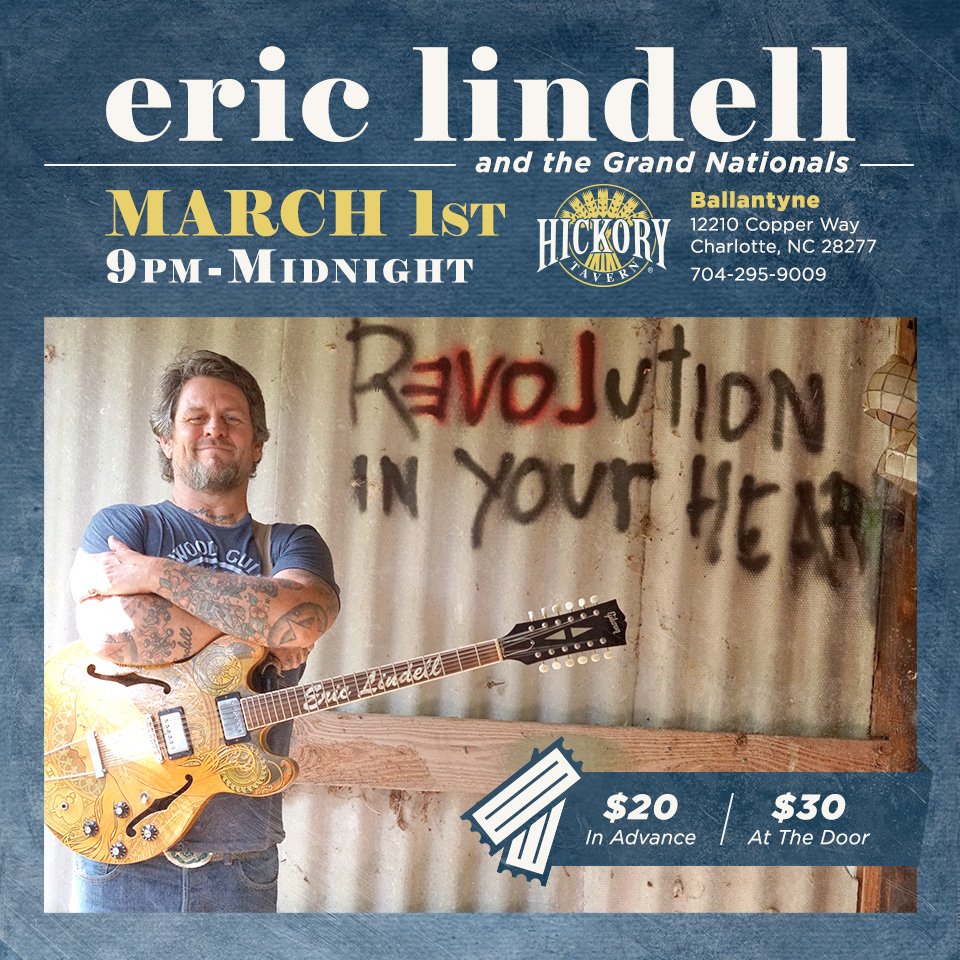 Hickory Tavern (@thehickorytav) on Twitter photo <a href="/EricLindellBand/">Eric Lindell</a> is performing Friday night in Ballantyne and Saturday in Winston Salem! Click the link below to grab your tickets today and save $10. bit.ly/2IBmYwW <a href="/EricLindellBand/">Eric Lindell</a> is performing Friday night in Ballantyne and Saturday in Winston Salem! Click the link below to grab your tickets today and save $10. bit.ly/2IBmYwW