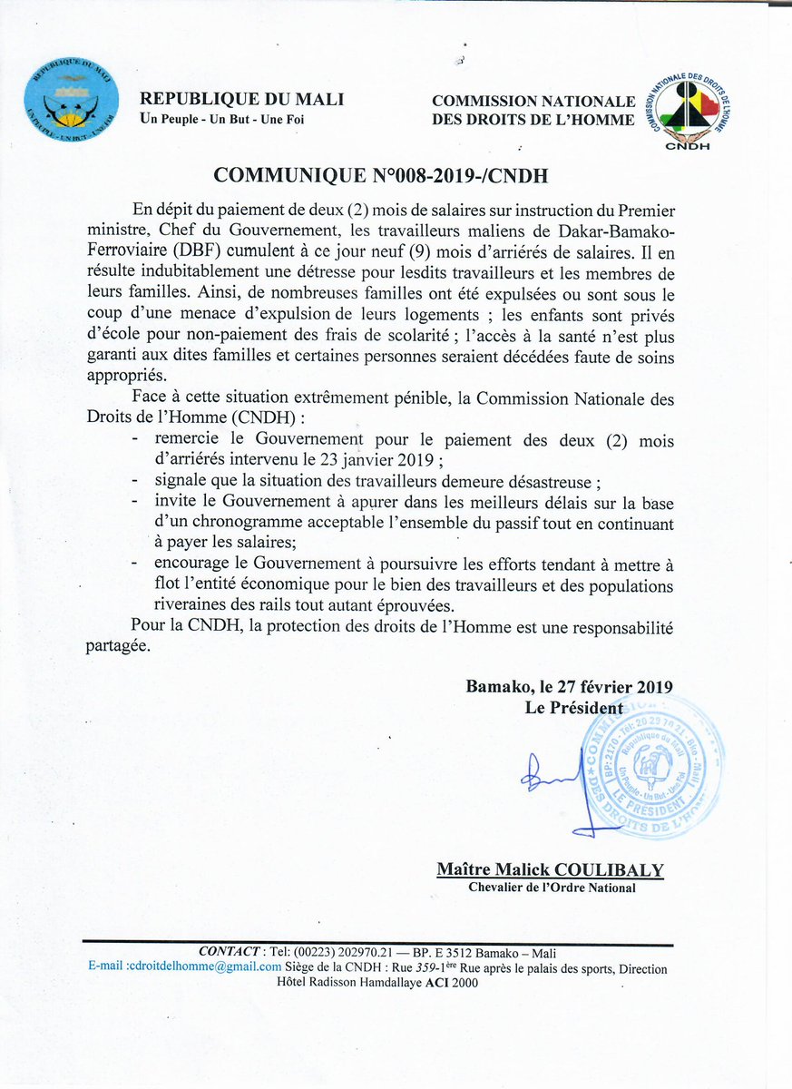 CndhMali's tweet photo. Les Cheminots n'ont pas à choisir entre le salaire et la mort. Ils ont droit au salaire et une vie digne. Me Malick https://t.co/rM9WYzOdXr