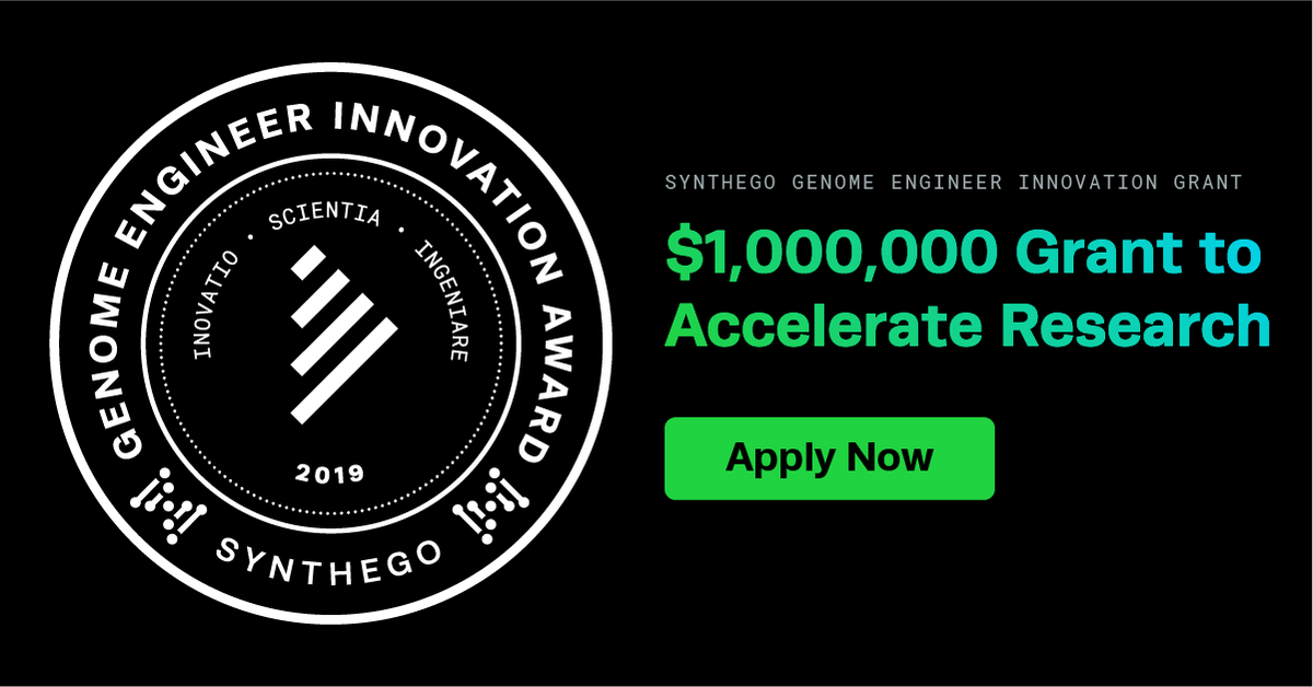 Synthego's tweet photo. As the genome engineering company, we want to enable leaders in the field to make big discoveries. We’re excited to announce our #GenomeEngineer Innovation Grant that’s now open for applications! Apply today: https://t.co/rDxBHuQaZI https://t.co/hJMFXVJuoI