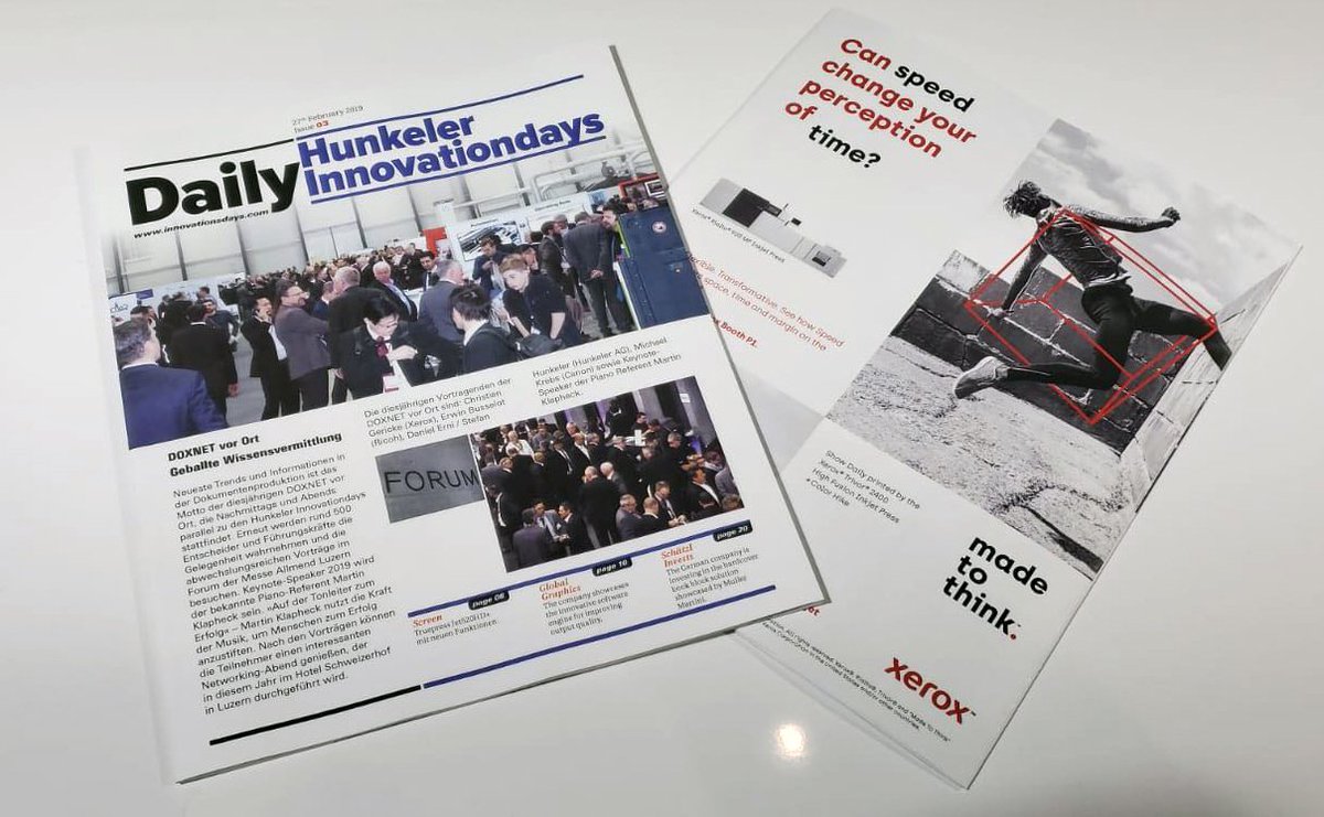 Xerox's tweet photo. We're proud to be printing this year’s @hunkelerag Innovationdays Show Daily. Go behind the scenes to see how it is produced on the Xerox Trivor 2400 High Fusion (HF) #Inkjet Press. ➡️ https://t.co/EGY6X3XlIs #HID19 #PrintWins https://t.co/DanLojJk9J
