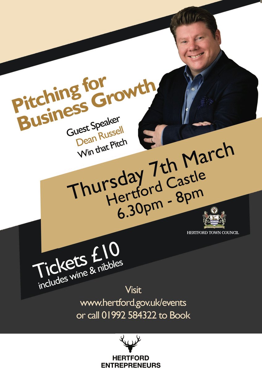 Isabel1Dowsett's tweet photo. Our next Hertford Entrepreneurs event is on 7th March @hertfordcastle 6.30-8pm.
Topic is pitching for business growth with guest speaker Dean Russell  @dean_r @winthatpitch
Visit @hertfordtc website to book your place. https://t.co/4nQIIVXINd