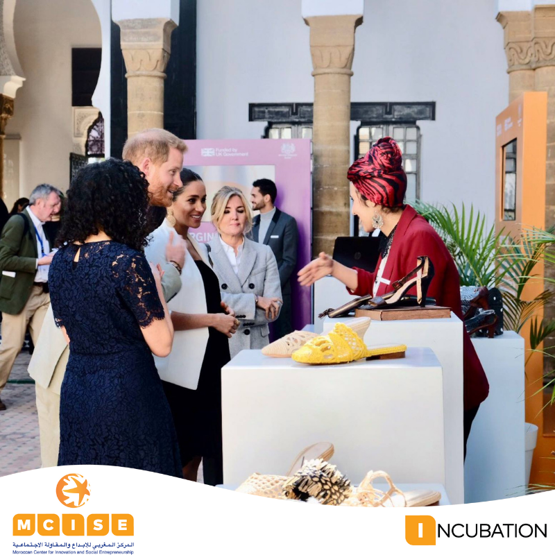 MoroccanCISE's tweet photo. We are very proud of our #DareInc incubation program alumnis #NoBoxLab, #MarginolLabs, #SeaSkin & #ZelijInvent for presenting their startups to the Duke and Duchess of Sussex @KensingtonRoyal during their visit to Morocco. #RoyalVisitMorocco #SocEnt #Innovation https://t.co/O8Ns2tCMDx