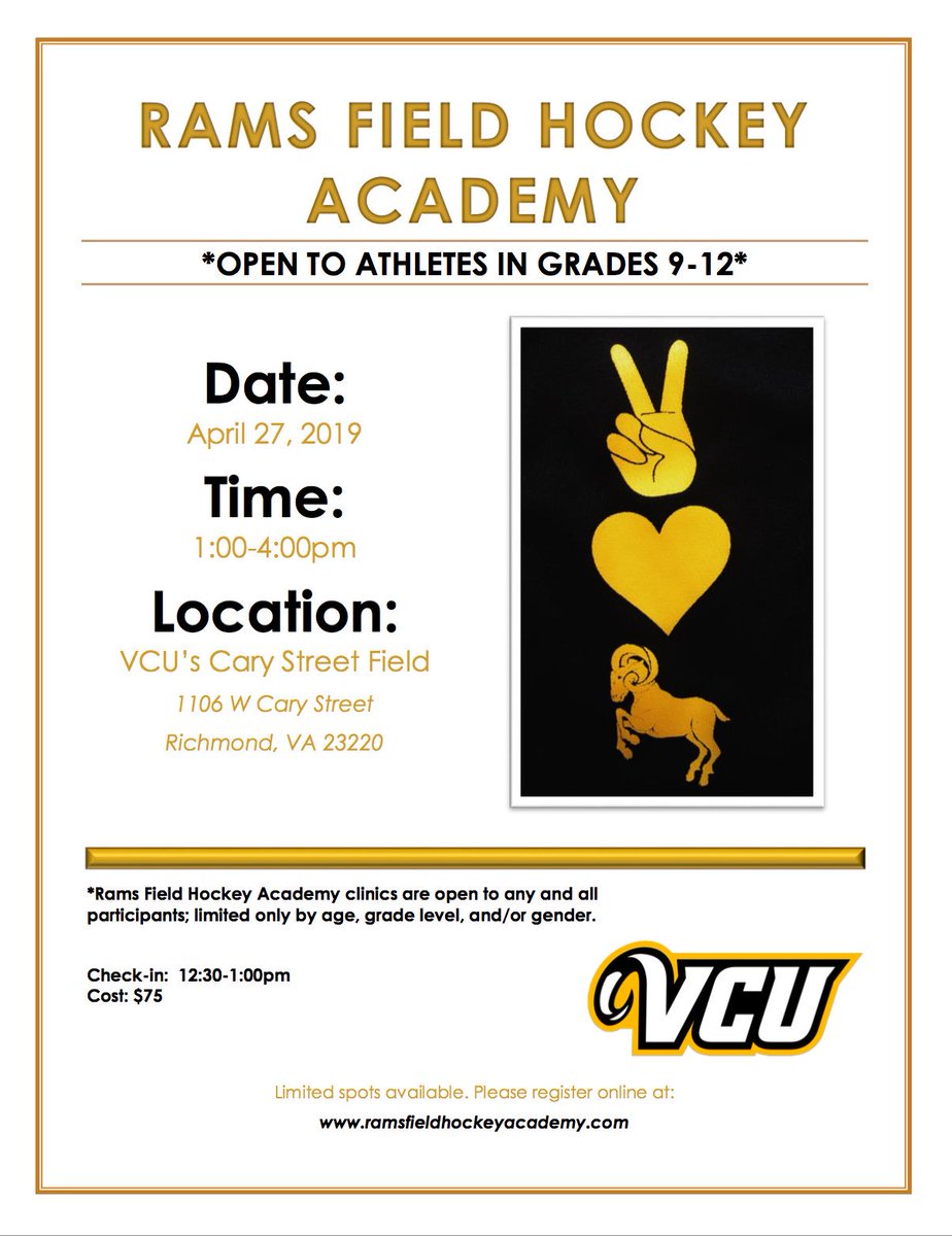 VCURamsFH's tweet photo. Registration is officially open for our April 27th Rams Field Hockey Academy clinic! Sign up today at https://t.co/Ed7Fok8KdC ✌️💛🐏 🏑 https://t.co/S5l2utmc6j