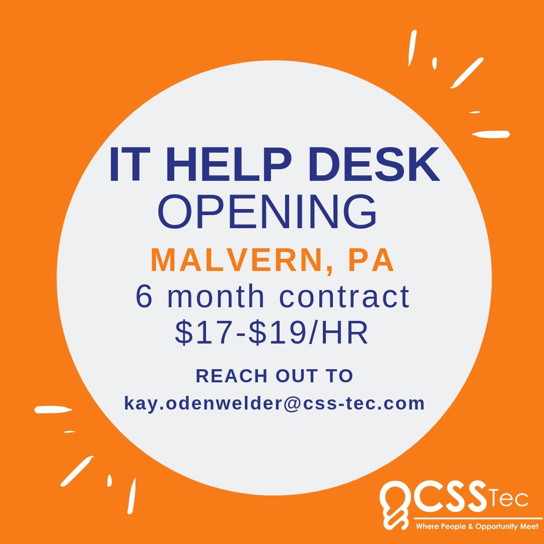 CSScareers's tweet photo. CSS Tec has an immediate opening for a Help Desk position in Malvern, PA. If you are interested reach out to kay.odenwelder@css-tec.com
#PeopleandOpportunity #CSStec #HelpDesk #contractposition #Malvern #tech #IT #ITHelpDesk #entrylevel #ITjobs #Techjobs https://t.co/gZcYXuUCrQ