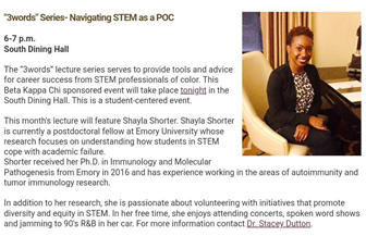 HeemstraLab's tweet photo. #HeemstraLab postdoc @ShaylaShorter spotted in the Agnes Scott daily newsletter. Check out the announcement for her lecture in this student-centered "3words" series!
#biomoleculesonthemove @EmoryChem @agnesscott https://t.co/936BzWuE41
