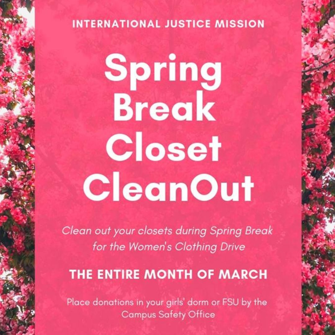 shorter_bcm's tweet photo. The International Justice mission is hostong a clothing drive on campus. Gently used women's and children's clothes will be donated to the Hospitality House. Clean out your closets over spring break and drop your donations in the bins in the ladies dorms and FSU during March! https://t.co/LINkRr0bqg