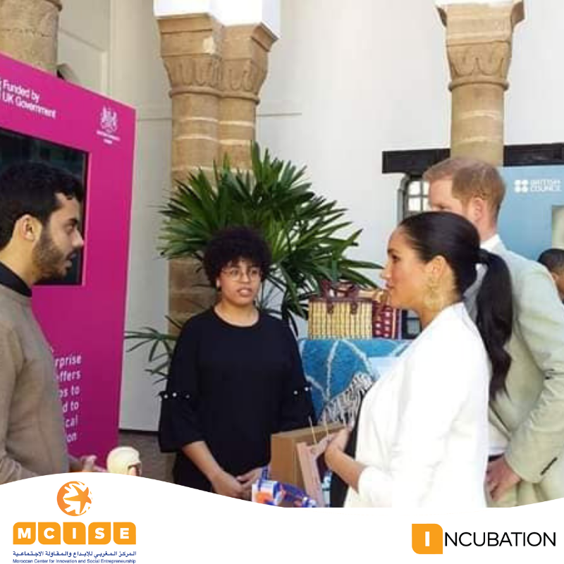 MoroccanCISE's tweet photo. We are very proud of our #DareInc incubation program alumnis #NoBoxLab, #MarginolLabs, #SeaSkin & #ZelijInvent for presenting their startups to the Duke and Duchess of Sussex @KensingtonRoyal during their visit to Morocco. #RoyalVisitMorocco #SocEnt #Innovation https://t.co/O8Ns2tCMDx