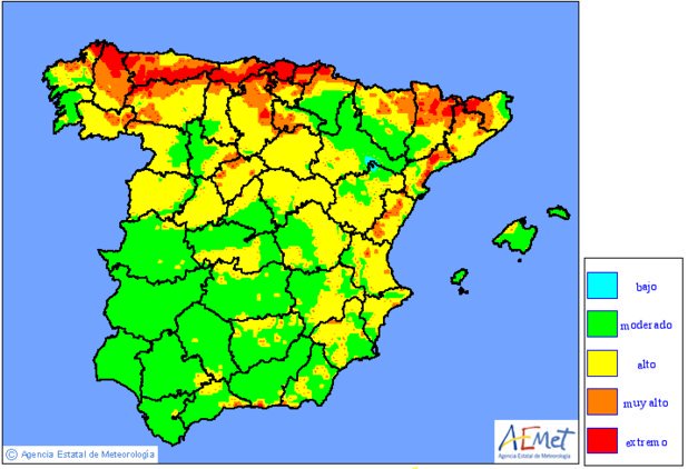 FIRETBF's tweet photo. Cualquiera diría q este mapa de riesgo por #IIFF de @AEMET_Esp correspondería a un mes de junio o julio de cualquier año pasado. Pues no, es de fecha de hoy, 27 de febrero.
¡Mucho ojo y mucha precaución compañerxs!
#CambioClimatico #climatechange 
#BomberosForestales https://t.co/qlkj5q5nYk