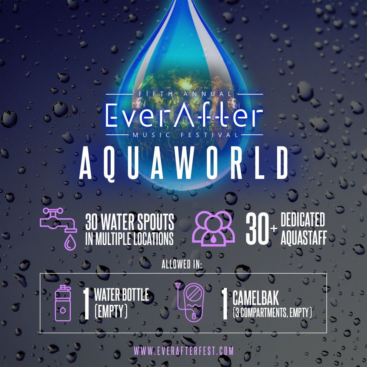 EverAfterFest's tweet photo. Adventurers, we've heard your comments and we're excited to announce AQUAWORLD ���! AquaWorld will include 30 water spouts 💦 across all our water stations, 30+ dedicated AquaStaff for assistance, and more at #EAMF19. https://t.co/bQ1Rut4KfK