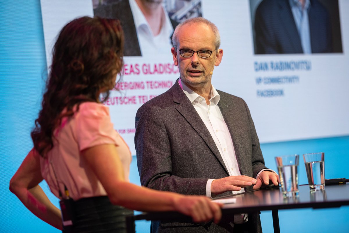 TelecomInfraP's tweet photo. Great session at the @deutschetelekom booth at #MWC19 with DT's Andreas Gladisch and Facebook Connectivity Vice President Dan Rabinovitsjj discussing the results of FWA virtual fiber field trials in Hungary using unlicensed mmWave spectrum. https://t.co/JM5FIYzjmX