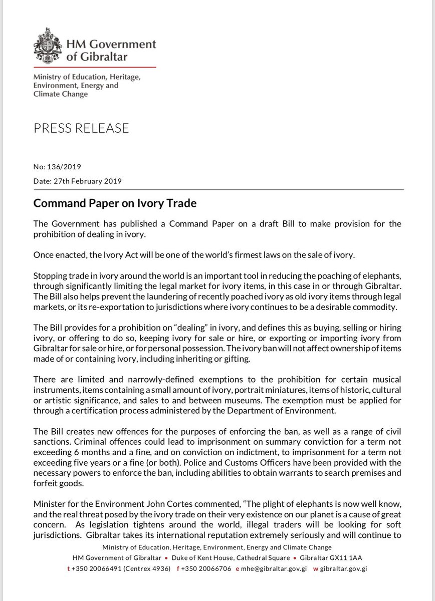 cortes_john's tweet photo. Pleased to publish a Command Paper for a Bill to make provision for the prohibition of dealing in #Ivory in #Gibraltar. Because it matters and because small countries can lead. https://t.co/5yZEftmpjL