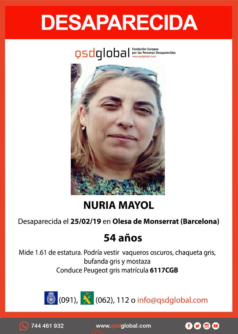 🆘#URGENTE⚠️ 

Esta es Nuria y ha #desaparecido en Olesa de Montserrat #Barcelona

Si la has visto llámanos
 ☎062 
 ☎091
 ☎112 

#Colabora, tu RT no cuesta nada y puede ayudarle.
